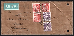 Second World War: 1940 (July 5) Airmail Sample commercial cover from Occupied Denmark to Hannover, Germany (65 cre rate) franked with two 10 öre Numerals & three 15 öre Ships tied by 'Kobenhavn' postmarks. German Wehrmacht Censor's tape on reverse tied by red circular cachet