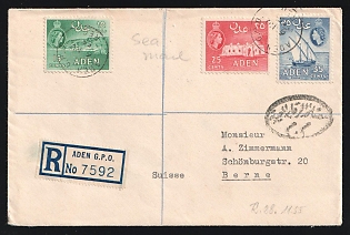 Aden: 1955 (Nov. 6) Registered cover via Egypt to Switzerland franked with 15c Crater, 25c Mosque, 35c Dhow all tied by 'Aden GPO Reg.' postmarks. 'Cairo' transit backstamps with Egyptian Censor's oval cachet on front. Swiss 'Bern 1' and 'Bern 22' arrival backstamps (Nov. 28)