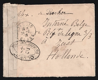First World War: 1916 (Feb. 24) Stampless cover from French Corsica sent to a Belgian internee in the Netherlands canceled by 'Ajaccio Corse' postmark. French Military Censor's tape at left tied on both sides by oval censor cachet