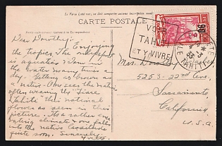 French Polynesia: 1933 (March 4) Picture postcard to USA franked with 90c on 75c Kanakas tied by 'Papeete' slogan duplex