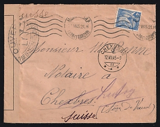 Second World War: 1945 (June 27) Cover from France to Switzerland franked with 4fr Iris tied by 'Montauban Tarne-et-Garonne' roller postmark. Swiss 'Chexbres' arrival postmark (Aug. 12). Forwarded six miles east to Lutry