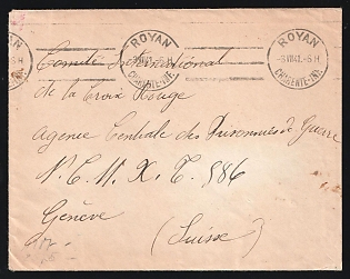 Second World War: 1941 (July 3) Stampless cover from Charente-Maritime in German-Occupied France to Red Cross, Geneva canceled by 'Royan' roller duplex. German Wehrmacht Censor's tape on reverse tied by red circular cachets