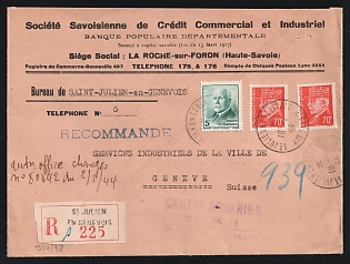 Second World War: 1944 (Feb. 18) Registered Remittance cover from Vichy France to Geneva, Switzerland Municipal Industrial Services franked with 5fr Petain single and two 70c singles tied by 'St. Julien en Genevois / Haute Savois' postmarks. German Wehrmacht Censor's tape on reverse tied by circular cachet. 'Geneve l' arrival backstamp (Feb. 28). Insignificant staple holes at top-right