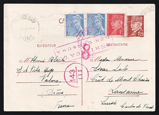Second World War: 1943 (Aug. 24) 1.20fr Pétain postal card from Vichy France sent to Lausanne, Switzerland franked with two 10c Mercurys and 1fr Pétain tied by 'Valence-Gare / Drôme' postmarks. Sent via Italy with three different Italian Censors' cachets in red. Handwritten message in French on reverse