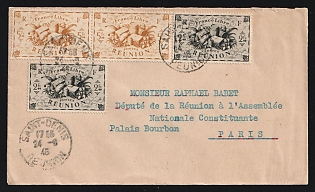 Réunion: 1946 (June 24) Surface-Mail cover to Paris franked with two 2fr Produce singles and 5fr Produce pair tied by 'Saint-Denis' postmarks