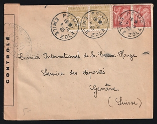 Postwar France: 1945 (May 5) Cover to Red Cross, Geneva (4fr rate) franked with 50c Arc de Triomphe and 1.50fr Iris pairs tied by 'Reims / Emile Zola' postmarks. 'Controle' tape at left tied on both sides by French 'Ouvert' ovals