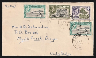 Gilbert & Ellice Islands (Tuvalu): 1953 (Aug. 24) Double-Weight Airmail cover to USA franked with four KGVI issues tied by 'Post Office Funafuti' postmarks