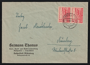 Soviet Postwar Occupation of Germany: 1946 (June 10) Cover from Saxony-Anhalt Province to Nurnberg, Bavaria franked with 12pf Farmer Perf 13x13 1/2 pair tied by 'Lutherstadt Wittenberg' postmark. Cover with diagonal bend barely affecting one stamp