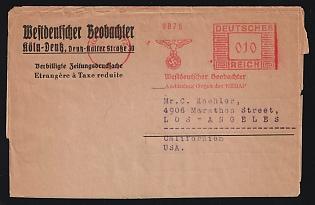 Germany: 1933 (Dec. 12) Westdeutscher Beobachter (West German Observer) Double-Weight Newspaper Wrapper to USA (10pf rate) with 'Köln Deutz' Swastika Postage Meter Imprint in red