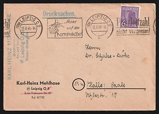 Postwar Occupation of Germany: 1948 (June 11) Unsealed Printed-Matter cover from Soviet-Occupied Saxony to Halle franked with 6pf Worker tied by 'Leipzig - Achtet auf den Kartofelkäfer!' slogan roller post- mark