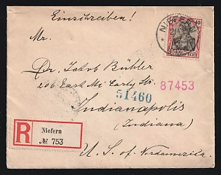 Germany: 1907 (May 21) Registered cover from Baden, Germany to USA franked with 40pf Germania, Watermarked tied by 'Niefern' postmark. 'Deutsch-Amerikanische-Seepost/Bremen-New-York' oval. Two US backstamps: 'New York, NY' (May 29) and 'Indianapolis' (May 31)