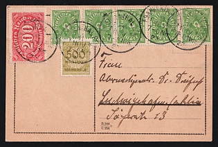 Germany: 1923 (Nov. 11) Formular Postal Card used within Germany's Rhineland from Frankenthal to Ludwigshafen franked with 40m Numeral strip of five, 200m single and 500,000,000m single all tied by 'Frankenthal' postmatks. Handwritten message on reverse in German