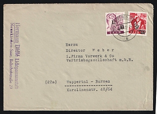 Saar: 1947 (Dec 17) Cover to Wuppertal (20 miles east of Dusseldorf) franked with 1f on 10pf Miner and 5fr on 20pf Steel Workers tied by 'Neunkirchen (Saar)' postmark