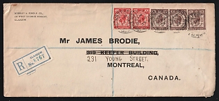 1929 (Aug. 23) Great Britain: Double-registered commercial cover from Scotland to Montreal, Canada (6 1⁄2d rate) franked with two 1d UPU Congress singles and three UPU Congress 1 1⁄2d singles all tied by 'Registered Glasgow' postmarks with additional strike on reverse. 'Montreal' arrival backstamp (Aug. 31). Minor edge wear