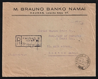 Lithuania: 1932 (April 18) Double-Weight Registered commercial cover to USA (1.56 litas rate) franked with 36c Red Brown single and 60c Red pair tied on reverse by 'Kaunas 2' postmarks with boxe. Registration cachet on front. 'New York' and 'Boston' backstamps (April 29). Minor creasing along bottom