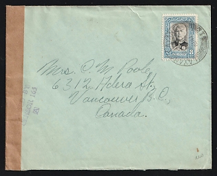 Malayan States: 1941 Cover to Canada franked with Johore 8¢ Sultan Ibrahim tied by 'Layang.Layang' postmark. Singapore Censor's tape at left tied on both sides by violet 'Passed By Censor 165 A' straightline cachet