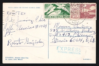 Mexico: 1964 (March 21) Ciudad Juarez bullring multicolored picture postcard sent Airmail-Express to Indiana, USA franked with 80c Stadium and 50c Express-Mail tied by 'Ciudad Juarez' postmark with 'Express / Entrega Inmediata' straightline handstamp in blue. Indistinct 'Chicago' arrival backstamp in red-violet