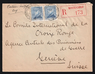 Second World War: 1942 (Dec.) Registered cover from Monaco to Red Cross, Geneva franked with 4fr Prince Louis pair tied by 'Monte Carlo / Principauté de Monaco' postmarks. 'Geneve 1' arrival backstamp (Dec. 11)