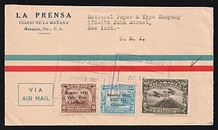 Nicaragua: 1933 (June 16) Airmail commercial cover to USA franked with 15c on 25c Airmail, 1c on 3 and 2c on 10c Buildings and all tied by violet 'Managua' boxed datestamps