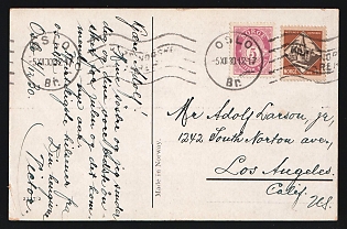 Norway: 1930 (Dec. 5) Picture postcard to USA (20 öre rate) franked with 5 öre Numeral and 15 öre Tronsheim Cathedral tied by 'Oslo' duplex with additional strike это alongside