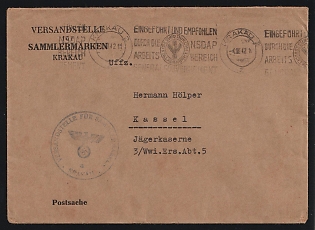 Second World War: 1942 (Nov. 4) General Government Philatelic Bureau stampless cover from German- Occupied Poland to Kassel, Germany with 'Krakau' slogan roller duplex with the bureau's violet cachet at lower left