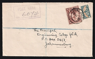 South Africa: 1948 (June 15) Registered domestic cover franked with 1 1⁄2d Gold Mine, 4d Kraal tied by 'Fort Hare' postmark with boxed Registration cachet alongside. 'Alice' transit postmark on reverse (also April 15)