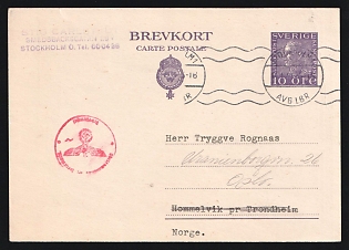 Second World War: 1941 (Jan. 15) Sweden 108 Gustav postal card to German-occupied Norway canceled by 'Stockholm 1' postmark. German Wehrmacht red cachet on front. Typewrtten message on reverse