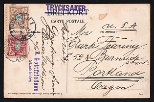 Sweden: 1909 (Sept. 1) Printed-Matter picture postcard to USA franked with 1 ore and 5 ore Numerals tied by 'Stockholm 1' postmarks, Minor tone spots