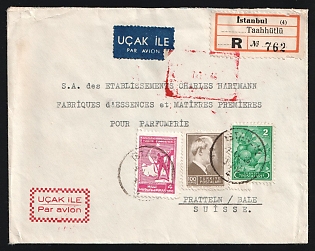 Turkey: 1946 (Dec.) Double-Weight Registered-Airmail commercial cover to Switzerland franked with 2k Green Oranges, 100k Nönü, and 4k Soldier Postal Tax tied by 'Istanbul' postmarks with Registration label alongside. Swiss 'Basel' and 'Pratelln' backstamps (both Dec. 16)