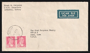 Turkey: 1951 (April 18) Airmail cover from US Consulate, Istanbul to USA franked with 30k Ataturk pair tied by 'Edirne' postmark