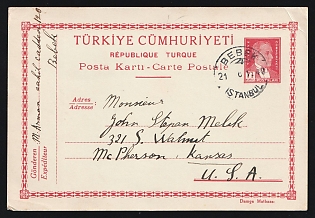 Turkey: 1940 (June 21) 7 1/2k Ataturk postal card to USA canceled by 'Bebek Istanbul' postmark