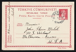 Turkey: 1940 (June 21) 7 1/2k Ataturk postal card to USA canceled by 'Bebek Istanbul' postmark