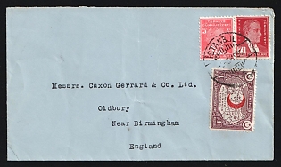 Turkey: 1936 (March 9) Commercial cover to England franked with Turkey 5k, 7½k Ataturks and 1k Postal Tax all tied by 'Istanbul' postmark