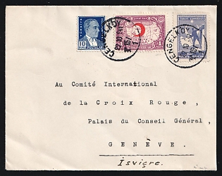 Turkey: 1941 (Oct. 22) Cover to Red Cross, Geneva franked with Turkey 10k Ataturk, 1p Map & 1k Soldier Postal Tax all tied by 'Cengelkoy' postmarks