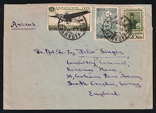 Ukraine: 1938 (May 23) Airmail cover to England franked with Soviet Union 20k Transport Airmail, 20k Rustaveli, and 20k North Pole Flight tied by 'Kharkoff' postmarks