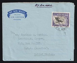 Aden: 1958 (May 20) Formular Aerogramme to USA franked with 1sh QEII tied by 'Maala' postmark. Typewritten message in English