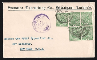 First World War: 1915 (Nov. 11) Commercial cover to USA franked with 1/2a KGV block of four & single tied by 'Lucknow' postmarks. 'Bombay' censor's cachet in purple