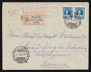 Vatican: 1930 (Feb. 1) Registered cover to Bavaria franked with two 1.25 lire Pope Pius singles tied by 'Citta Del Vaticano' postmark with additional strike and registry label alongside. 'Amb. Roma Firenz Milano' railway transit backstamp (also Feb, 1), 'Bologna -Trento' railway transit backstamp (Feb. 2) German 'Grafelfing' arrival backstamp (indistinct day)
