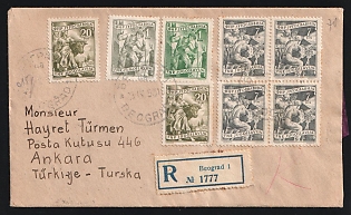 Yugoslavia: 1953 (April 23) Registered Remittance cover to Turkey franked with eight Workers issues - total franking 70 dinars - all tied by 'Beograd' postmarks. Yugoslav currency control tape tied on reverse by 'Pregladano' examiner's triangular handstamp in red. Turkish 'Istanbul' boxed transit backstamp (indistinct date) and 'Ankara' arrival backstamp (May 1)