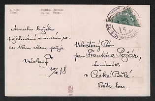 1918 (30 Dec) Czechoslovak Republic Postcard to Bílá (Czechoslovakia), franked with bisect 20h (Provisional franking Austria)
