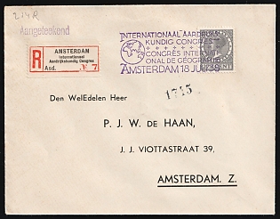 1938 (18 Jul) Netherlands, 'International Geographical Congress', Registered Cover from Amsterdam franked with 27.5c, Commemorative Postmark