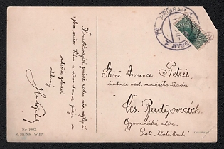 1918 Czechoslovak Republic Postcard from Pribram (Czechoslovakia) to Ceske Budejovice (Czechoslovakia), franked with bisect 20h of Austria