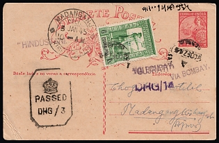 1945 (5 Jan) Portuguese India, Portuguese Сolony 3r, Commercial (Coconut and Copra Prices), Censored WWII, Postcard from Vasco da Gama, Goa (India) via Bombay to Mandanganj (Kishangarh, India) franked with 6r and with Handstamps