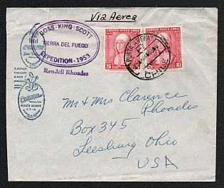 1953 (23 Mar) Chile Airmail Advertising Cover 'Cosmos Hotel', from Porvenir (Chile) to Leesburg (United States), franked with 2 x 10p, with violet handstamp 'Expedition to the land of fire'