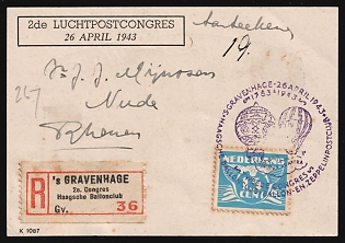 1943 (26 Apr) Netherlands, '2nd Congress of the Hague Balloon Club', Registered Postcard from Hague to Rhenen franked with 15c, Commemorative Postmark