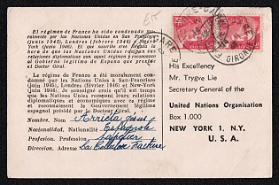 1951 (14 December) Spain, 'Free the Barcelona 34 ', Postal Stationery Postcard from Girona (Spain) to New York (USA), franked with 3fr of France