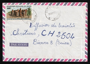 1996 (30 Jun) Republic of Benin, 'Dissemination of Christian Treaties', Airmail Cover from Avrankou (Benin) to Biel - Bienne (Switzerland) franked with Tourism Development Tax Revenue Stamp of 1500fr