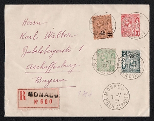 1924 (7 Feb) 10c Monaco Registered, Postal Stationery Cover to Aschaffenburg (Germany), franked with 5c, 45c, and 85c
