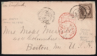 1879 (25 Apr) Greece, Cover from Athens (Greece) via London (England) to Boston (United States), with Black Oval Numeral '1' Postmark on the Reverse and Red Handstamp's on Two Sides