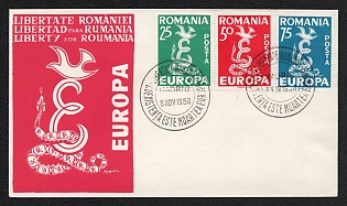 1958 (8 Nov) Romania First Day Cover 'Europa CEPT - Freedom for Romania!' from Madrid (Spain) franked with 25c, 50c, and 75c